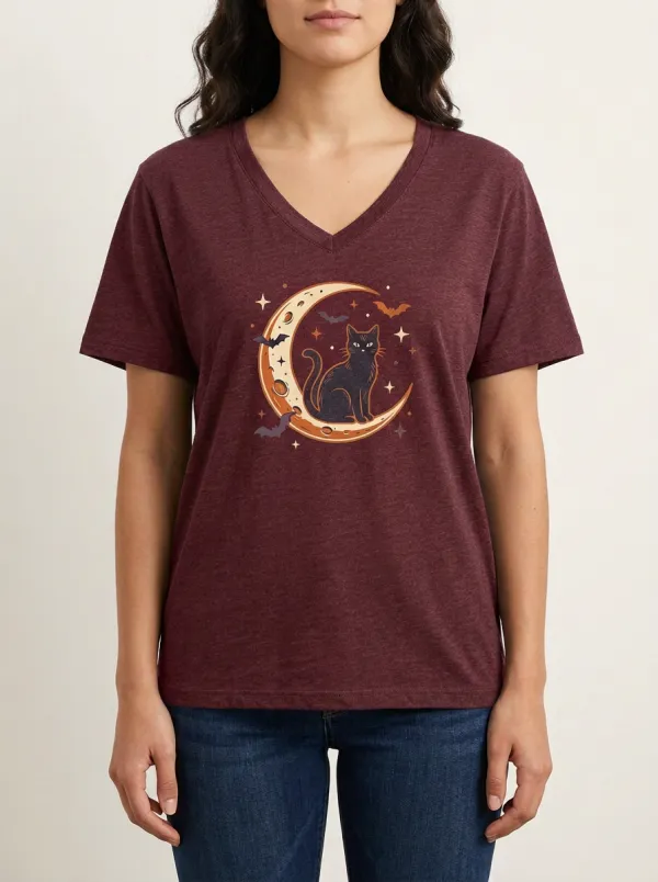 Women's Halloween Cat Moon Bats Printed V-neck T-shirt