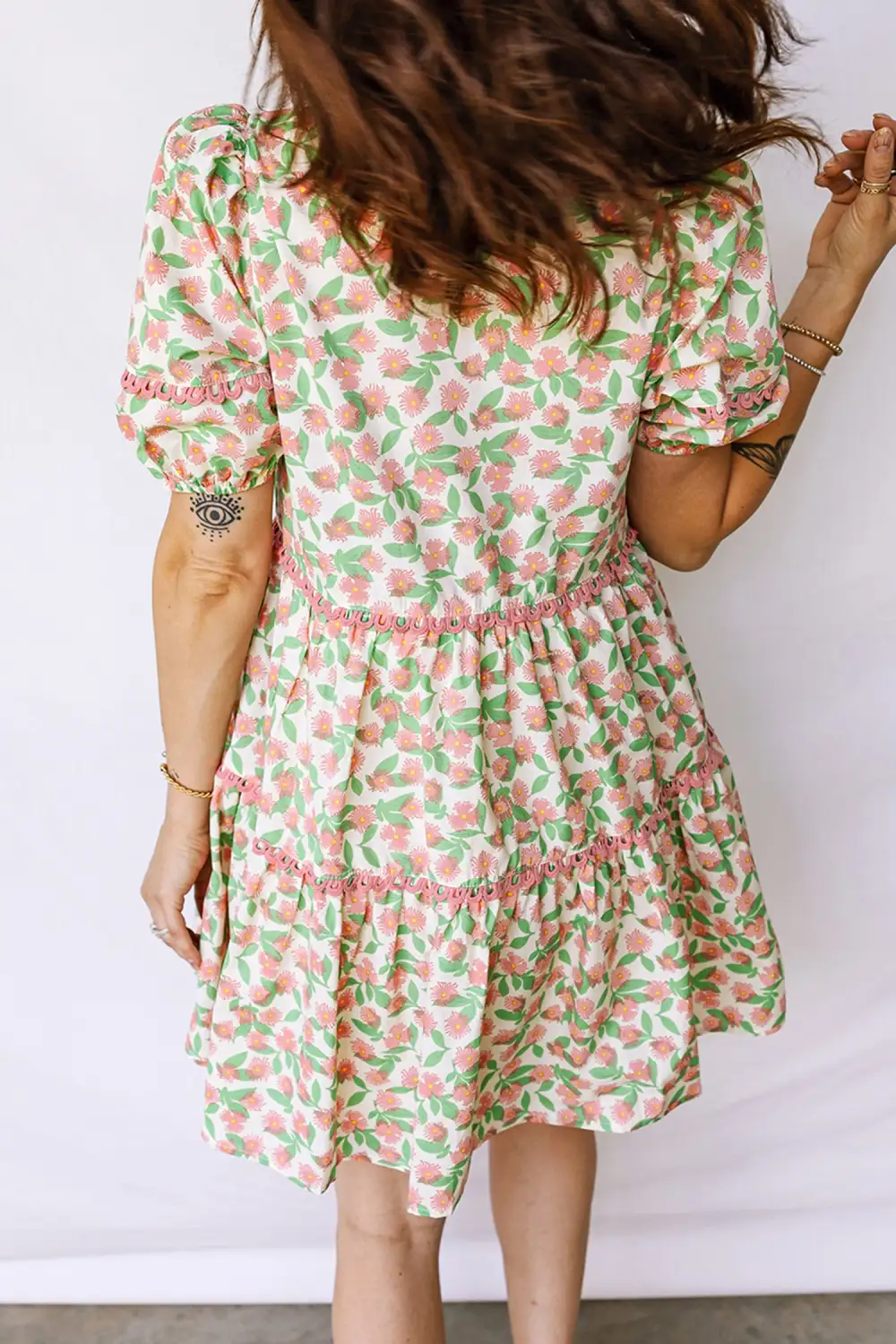 Floral Contrast Trim Puff Sleeve Mini Dress