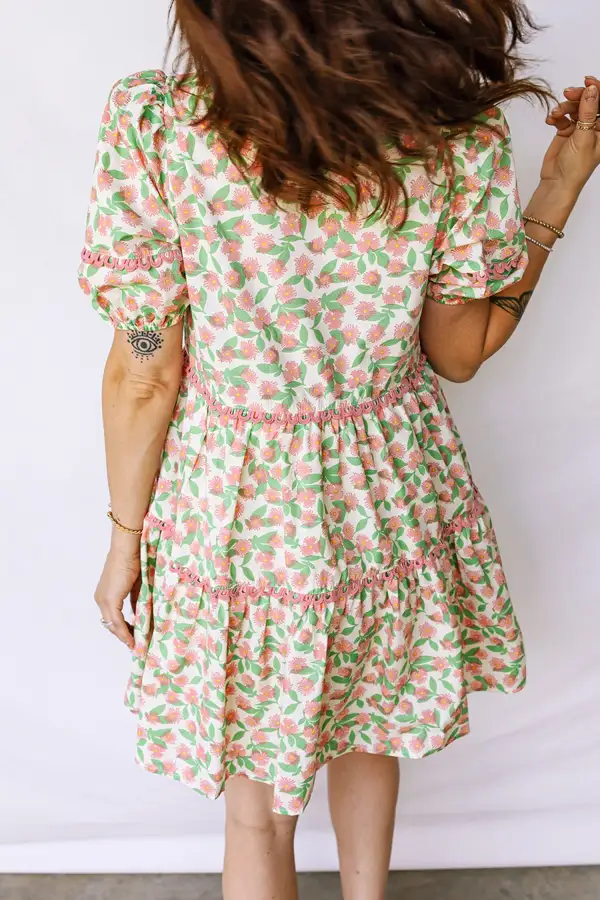 Floral Contrast Trim Puff Sleeve Mini Dress