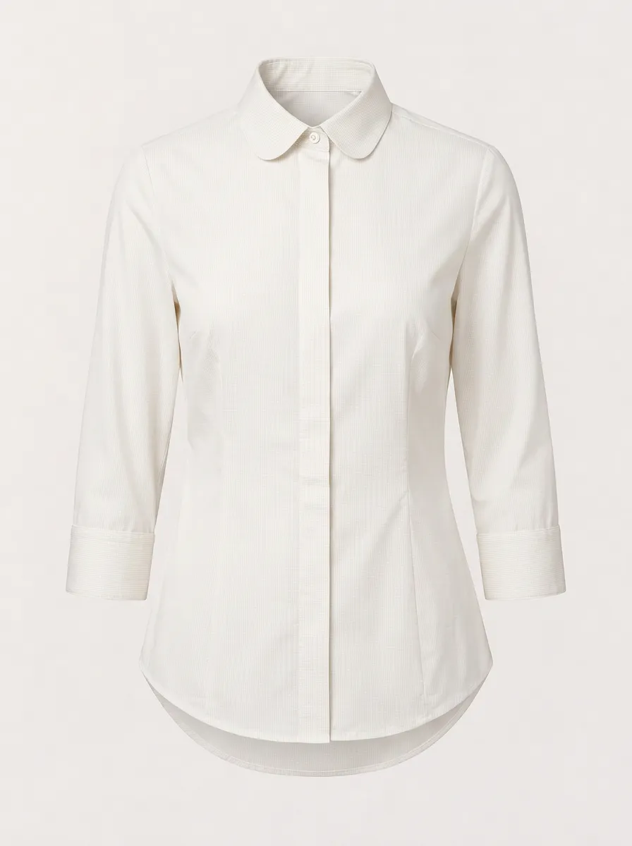Women's White Micro-Check Peter Pan Collar 3/4 Sleeve Shirt