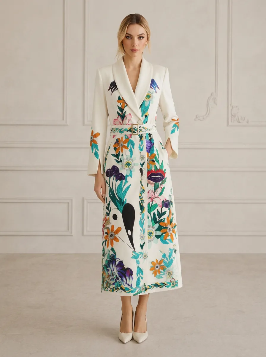 Women's Floral Botanical Abstract Art Printed Trench Coat
