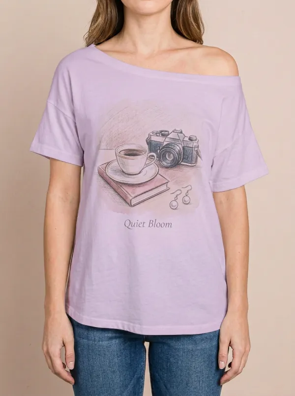 Women's Photography Coffee Book Lover Quiet Bloom Printed T-shirt