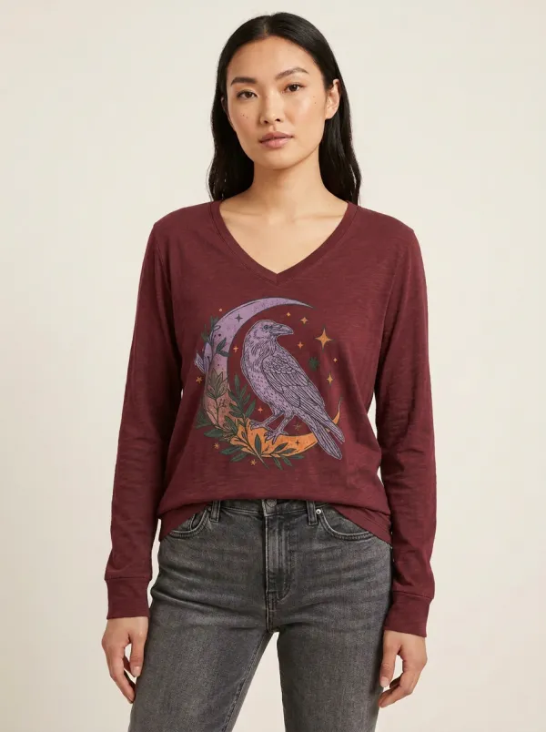 Women's Halloween Gothic Raven Moon Printed V-neck Long Sleeve T-shirt
