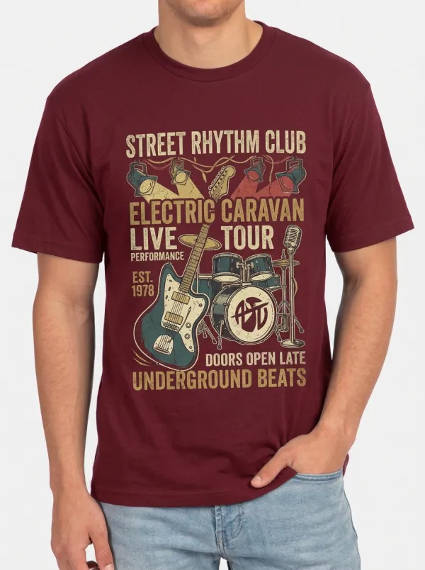 Men's Rock Band Electric Guitar Drum Printed T-shirt