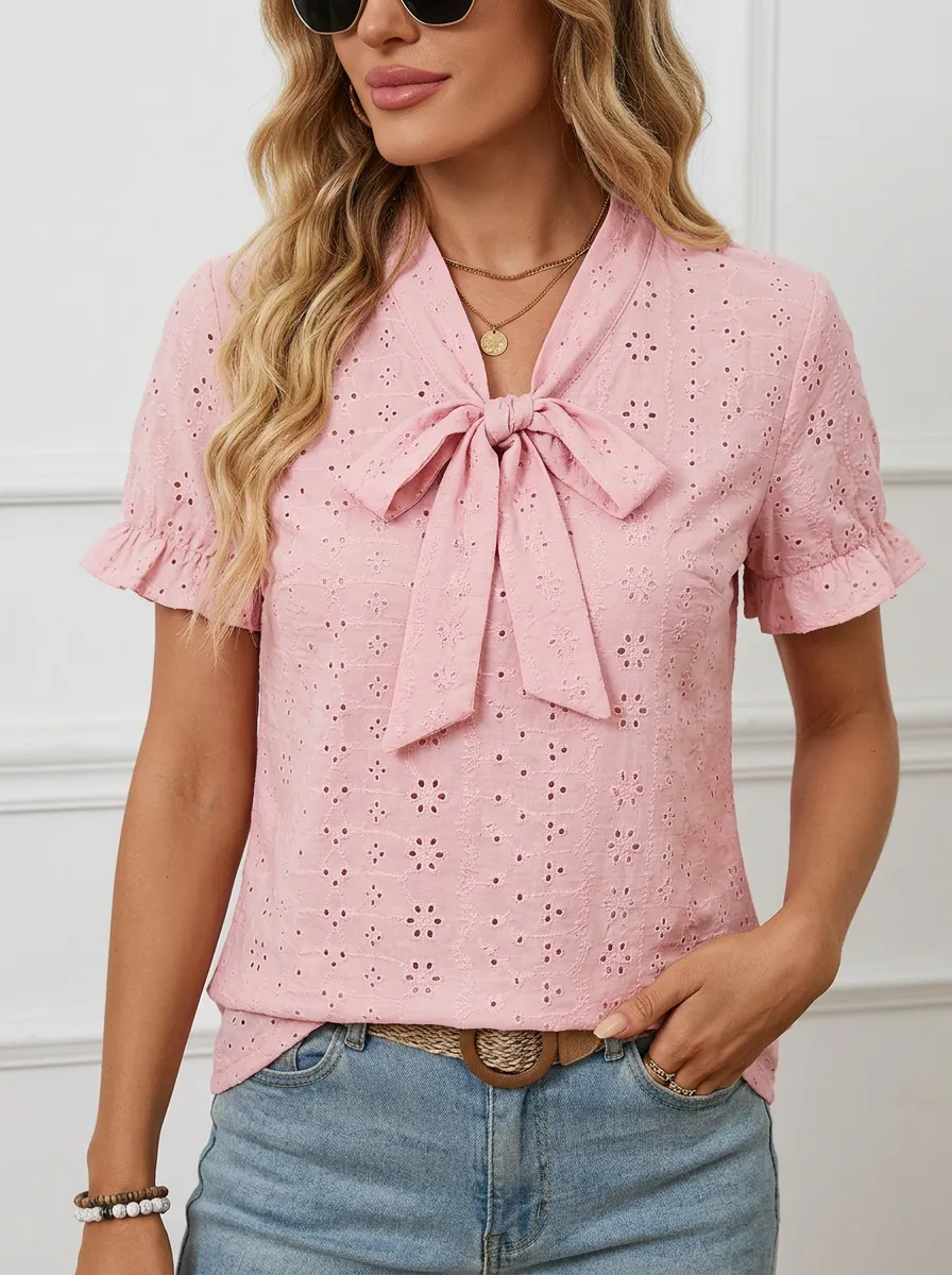 Women's Pink Bow Tie Eyelet Embroidered Short Sleeve Top