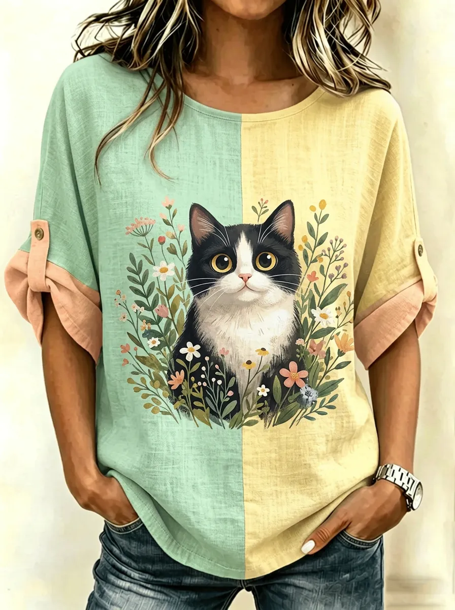 Women's Cat Lover Floral Tuxedo Cat Printed Cotton Linen Top