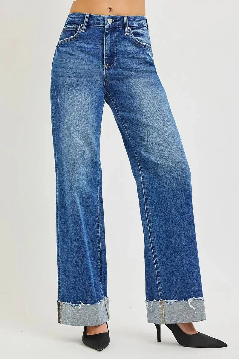 High Rise Wide Leg Cuffed Pocketed Denim Jeans