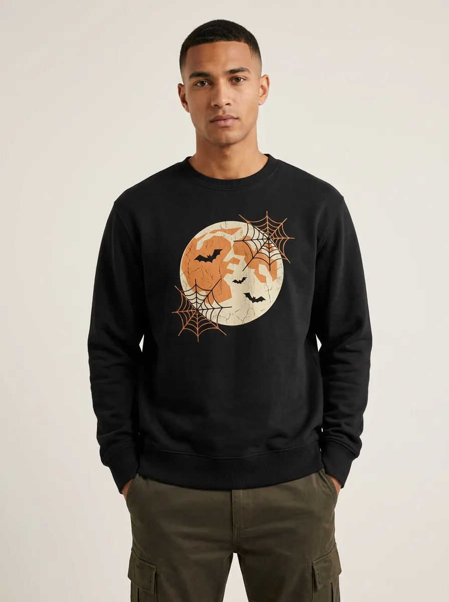 Men's Halloween Moon Bat Spiderweb Sweatshirt