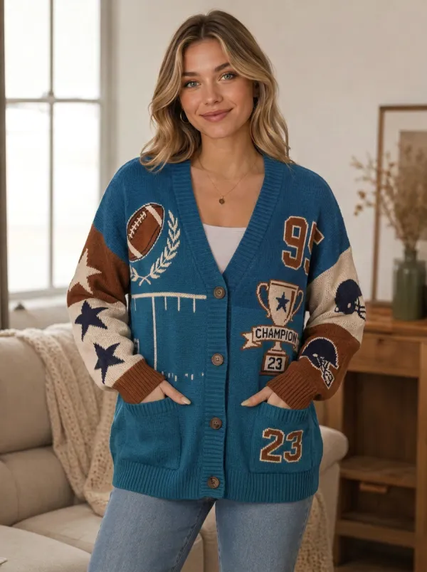 Women's Football Fan Champion Trophy Star Pattern Knitted Cardigan