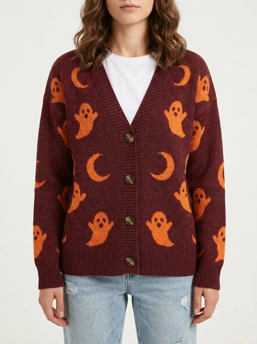 Women's Halloween Ghost and Moon Pattern Printed Cardigan