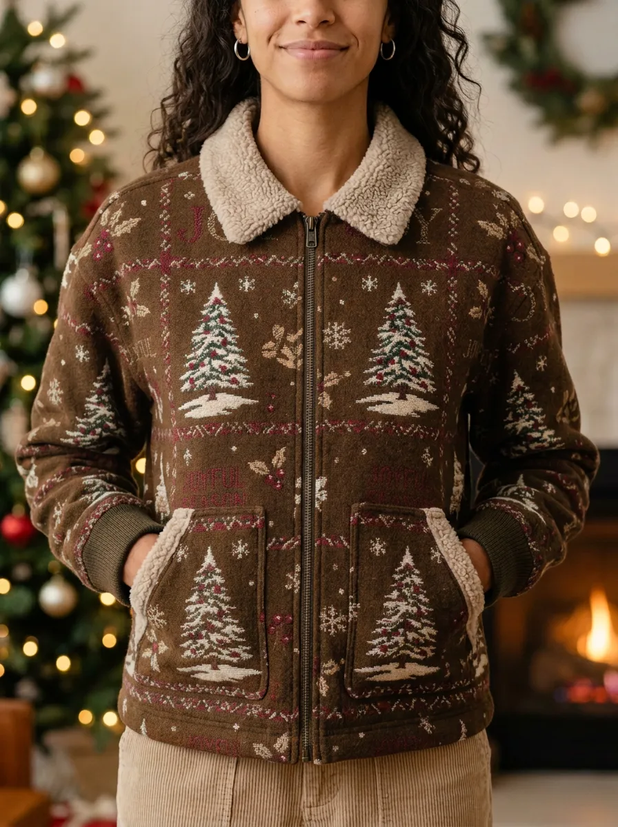 Christmas Holiday Pine Tree Pattern Print Fleece Jacket