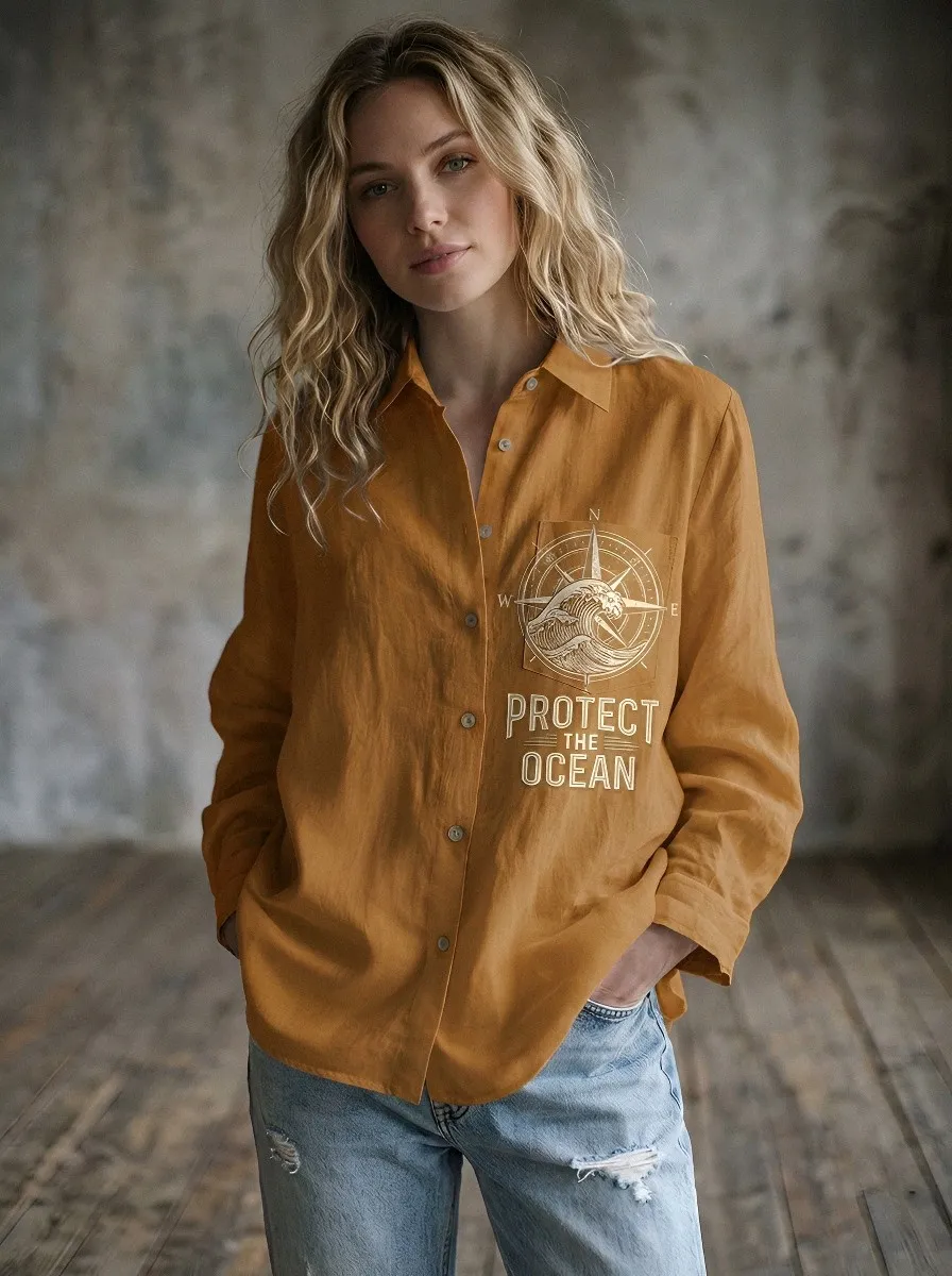 Women's Ocean Lover Compass Wave Protect The Ocean Printed Shirt