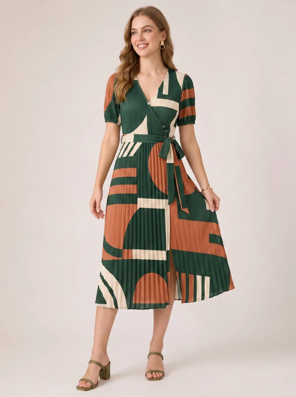 Women's Geometric Abstract Pattern Printed Pleated Wrap Dress