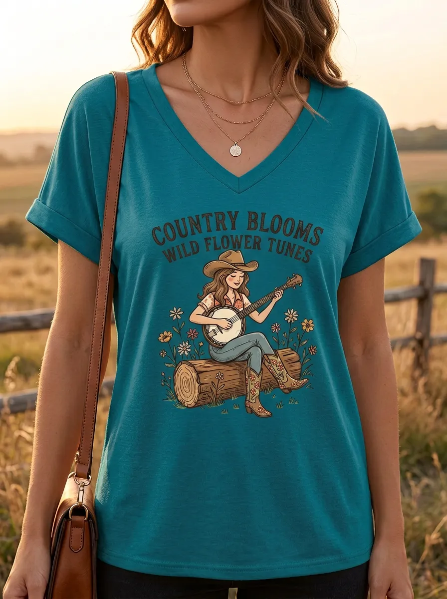 Western Banjo Cowgirl Women's Country Music V-Neck T-Shirt