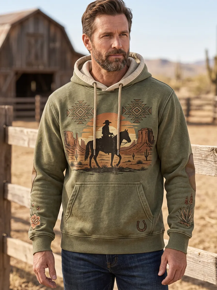 Men's Classic Western Cowboy Desert Sunset Sun Graphic Hoodie