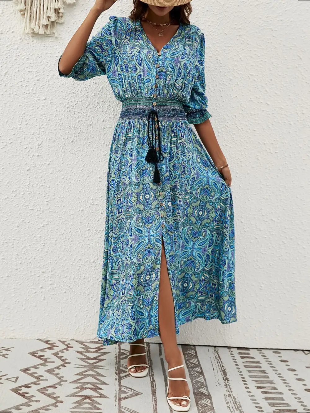 Smocked Half-Sleeve Midi Dress