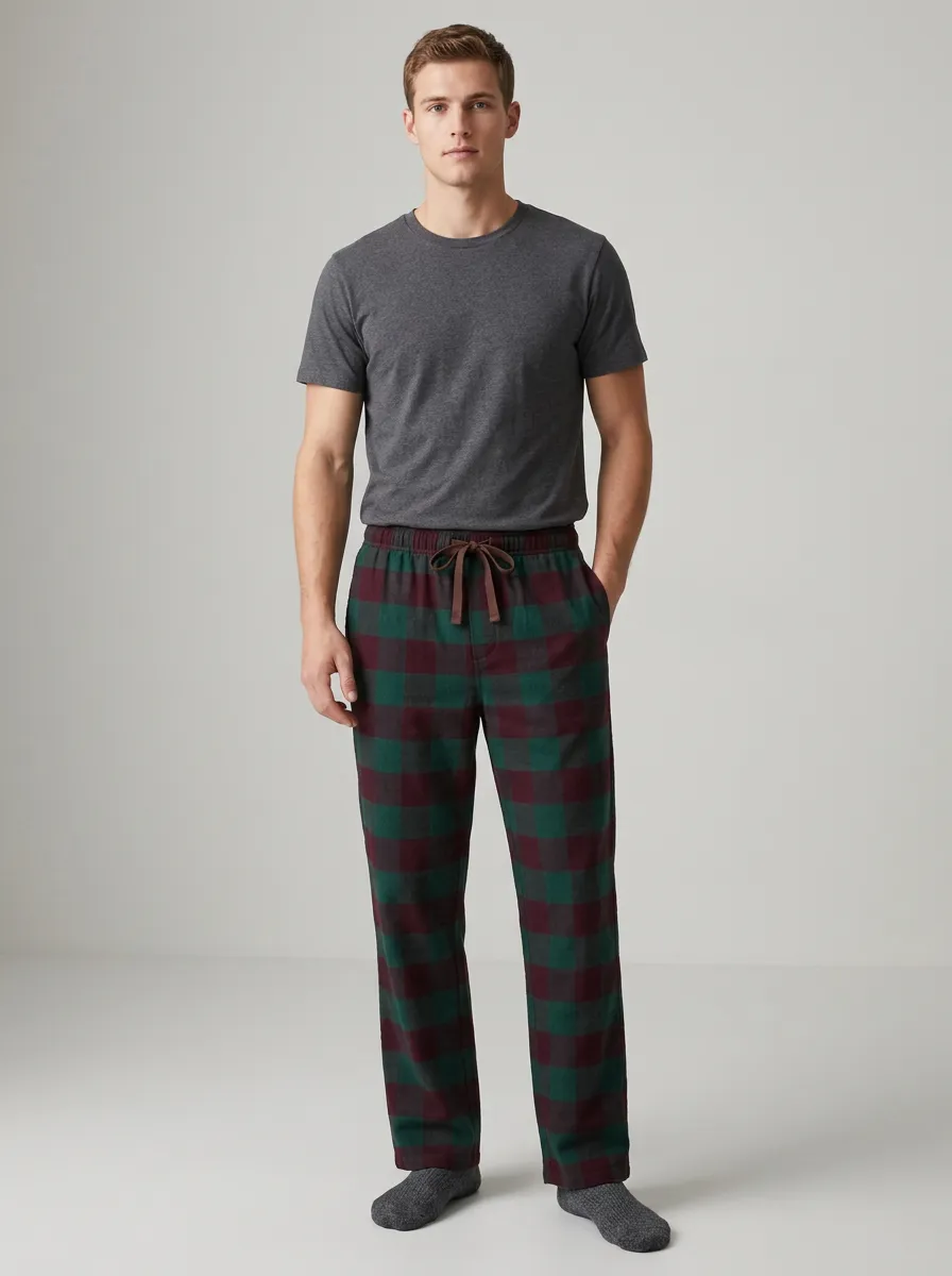Men's Casual Maroon Plaid Printed Pajama Pants