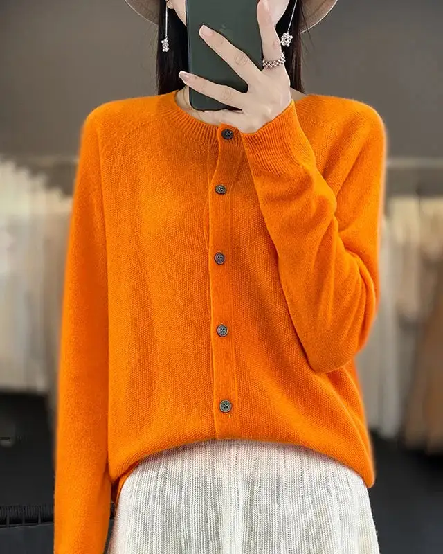 Refined Wool Button-Front Round-Neck Cardigan