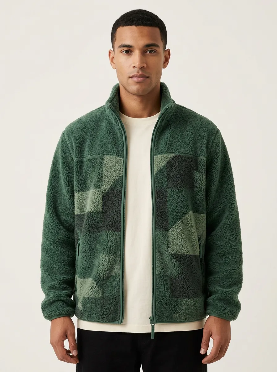 Geometric Patchwork Fleece Zip Jacket