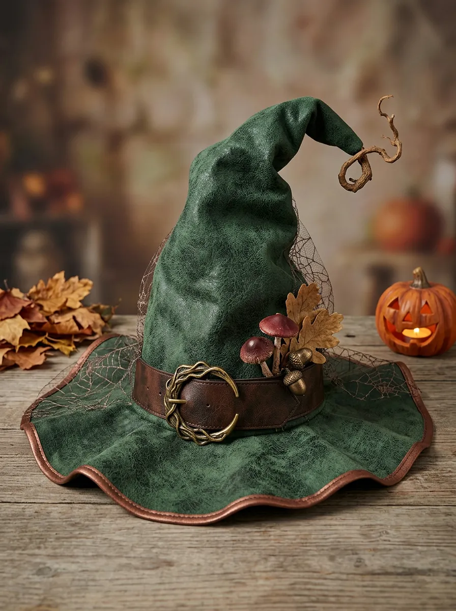 Mushroom Forest Faux-Leather-Look Halloween Witch Hat