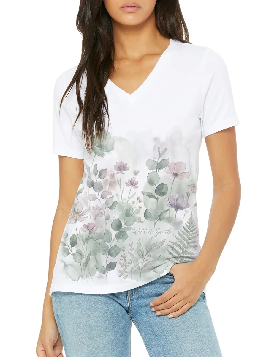 Women's Nature Lover Wild & Gentle Watercolor Floral Printed V-neck T-shirt