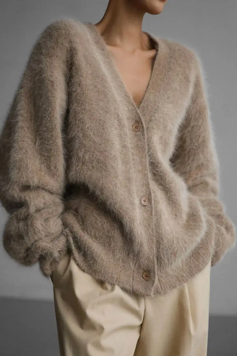 Button Down Fuzzy Long Sleeve Cardigan