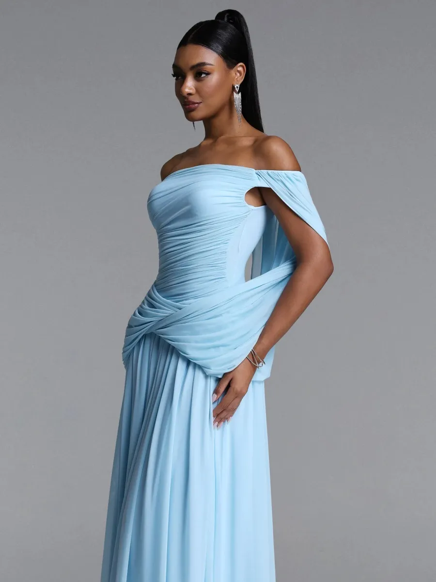 Chloe Off-the-Shoulder Ruched Chiffon Maxi Dress In Blue