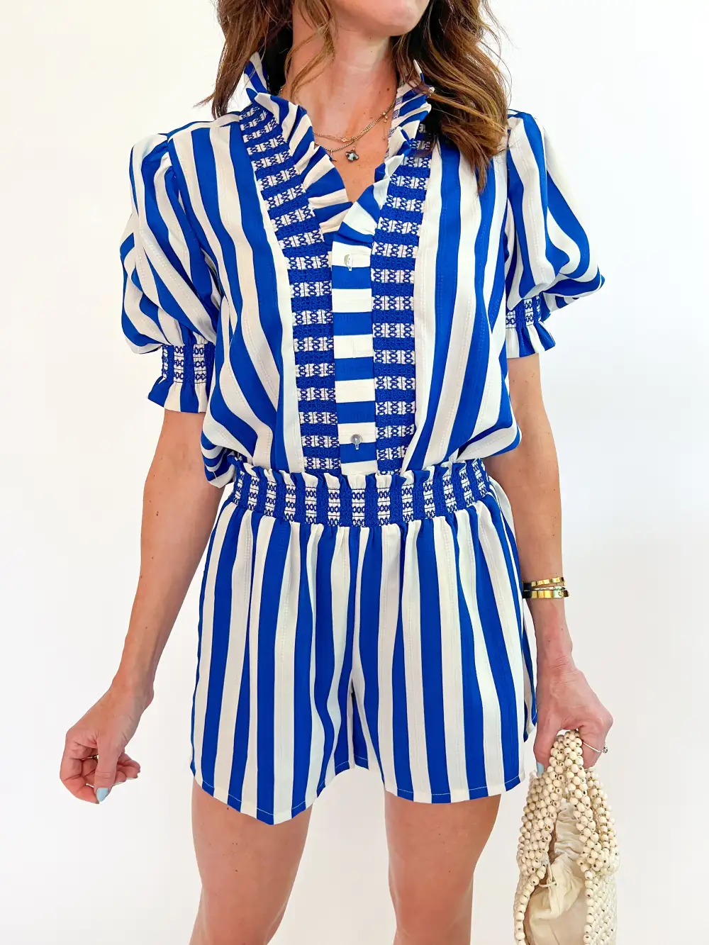 Printed Striped Smocked Blouse