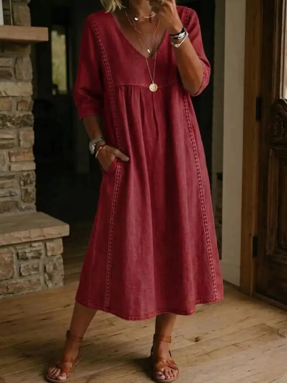 V-Neck Three-Quarter Sleeve Midi Dress