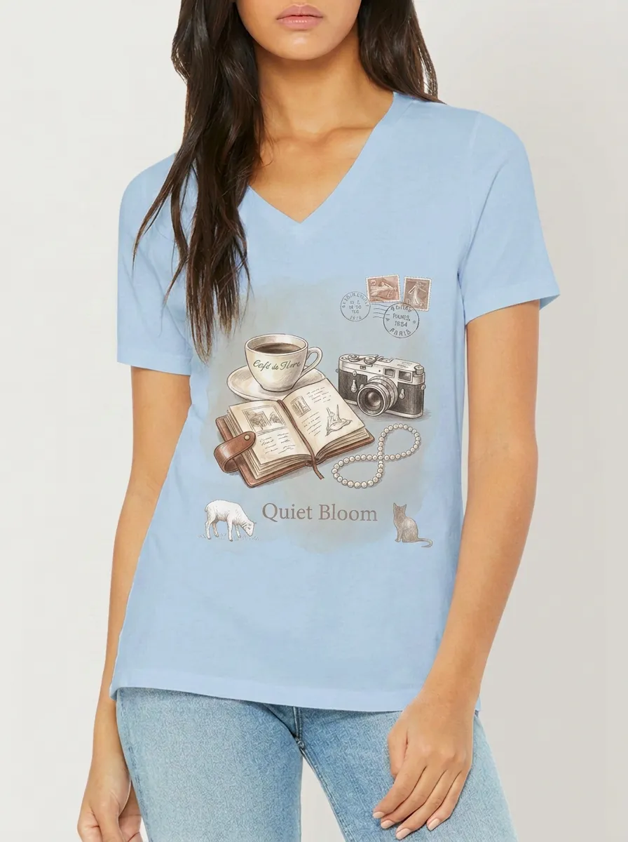 Women's Vintage Travel Book Coffee Camera Printed V-neck T-shirt