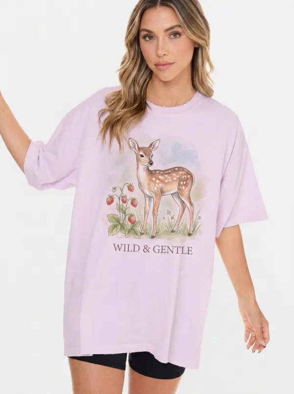 Women's Nature Lover Fawn Strawberry Wild & Gentle Printed T-shirt