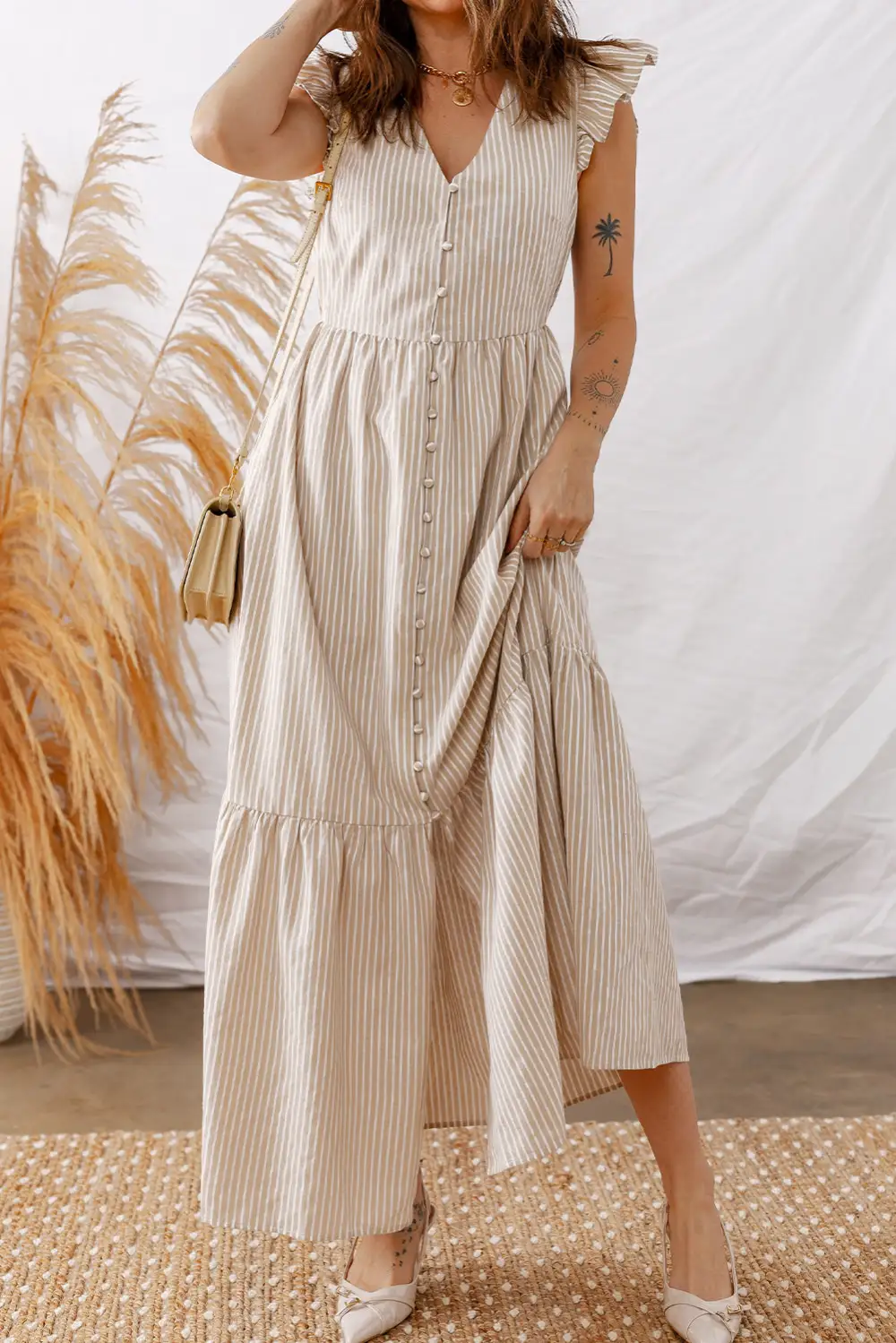 Stripe Flutter Sleeve Buttoned Front Slit Maxi Dress