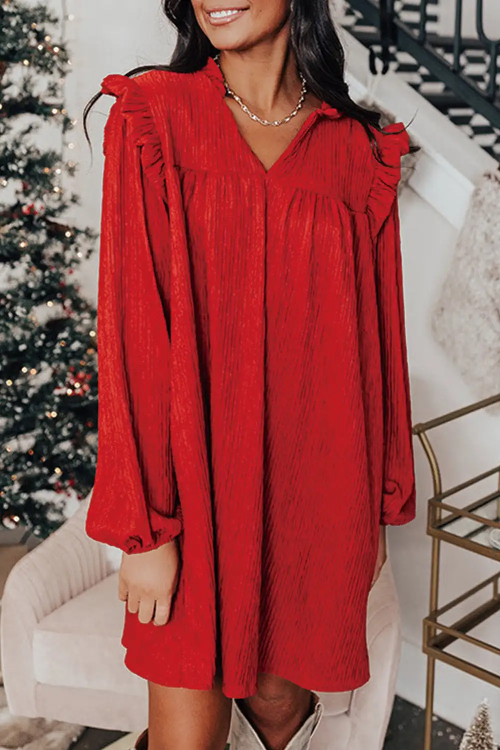 Textured Ruffle Trim V-Neck Mini Dress