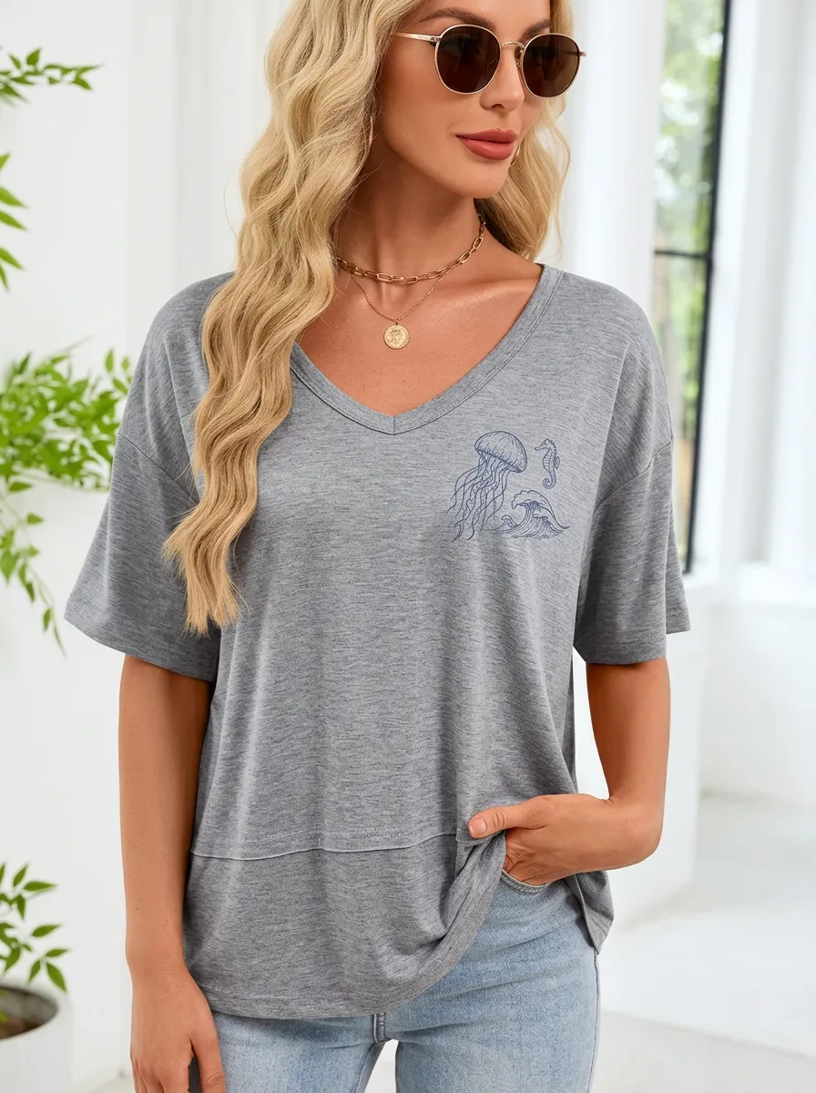 Women's Ocean Lover Jellyfish Seahorse Wave Printed V-neck Top