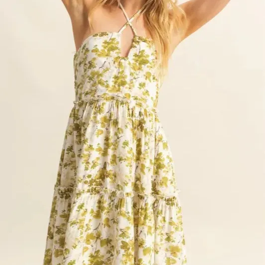Floral Print Halter Neck Tiered Mini Dress