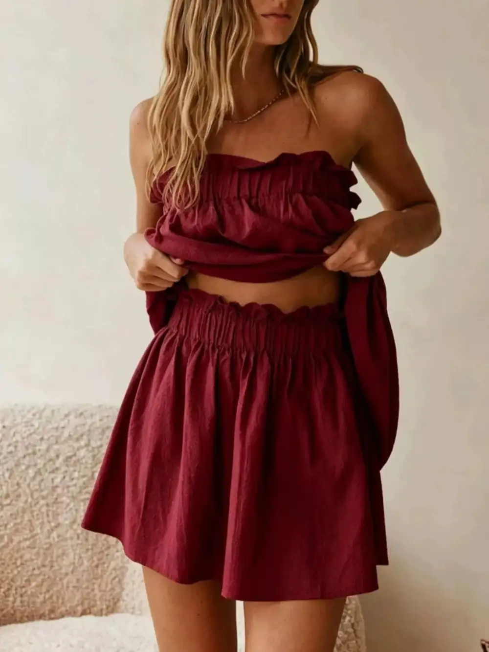 Polished Strapless Top And High-Waisted Skirt Set