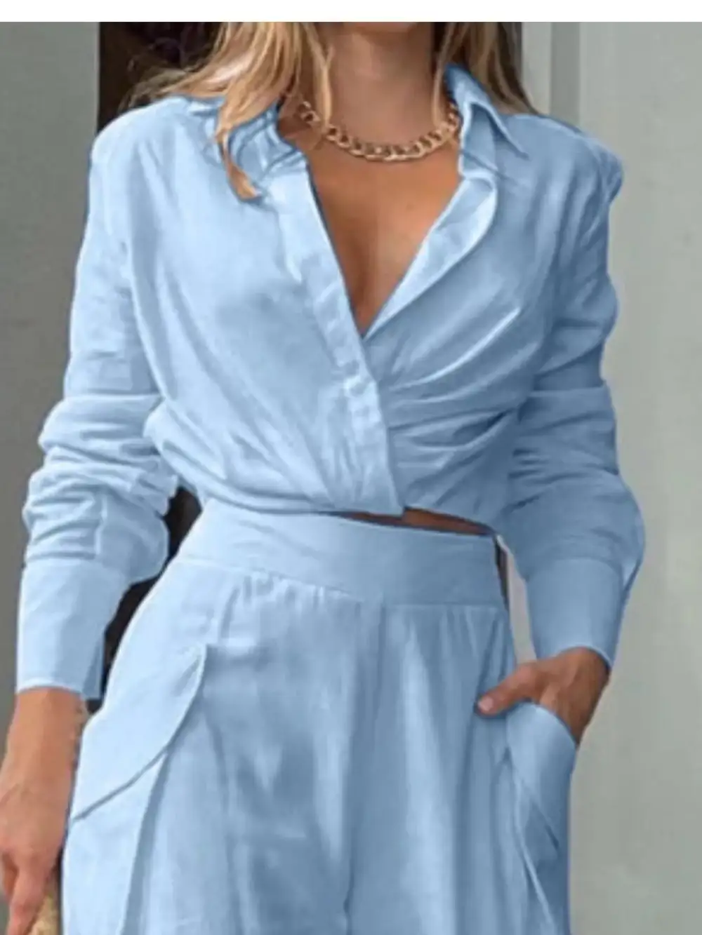 Long Sleeve Shirt Wide Leg Pants Set