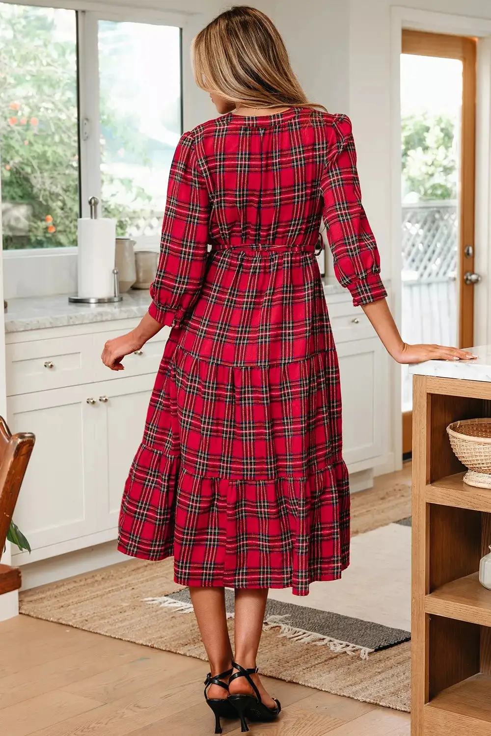Plaid V-Neck Three-Quarter Sleeve Tie Waist Ruffle Hem Midi Dress
