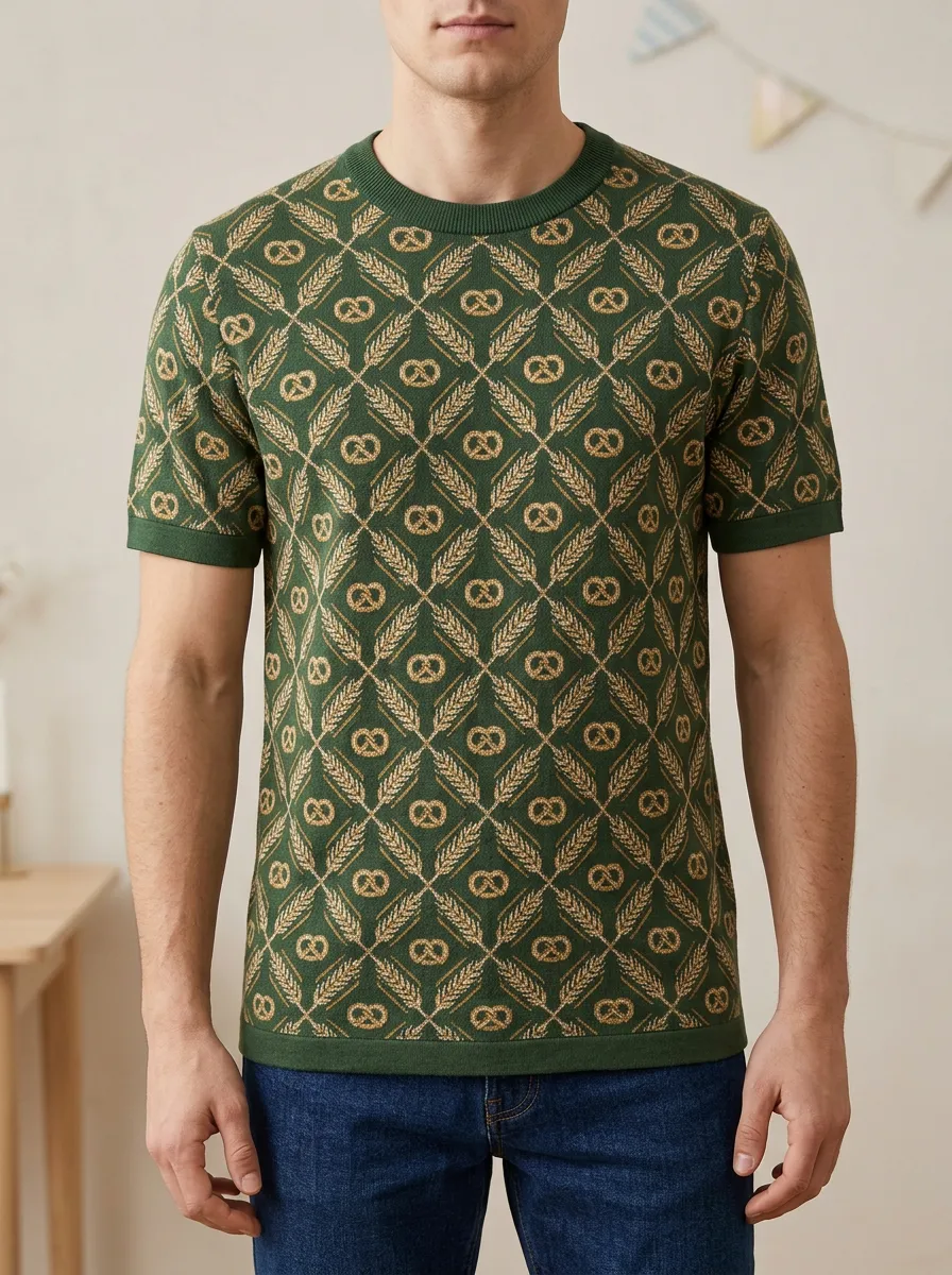 Men's Oktoberfest Pretzel Wheat Pattern Printed Knit T-shirt