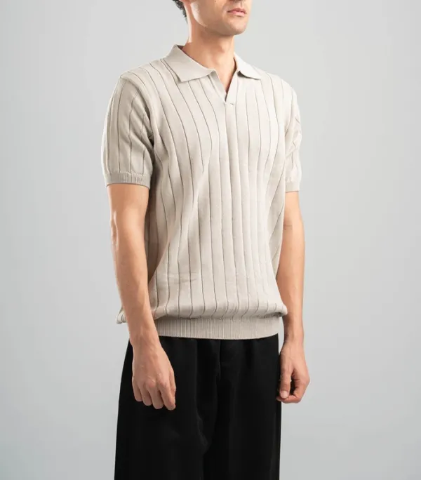 Beige Line Texture Knit Polo Shirt