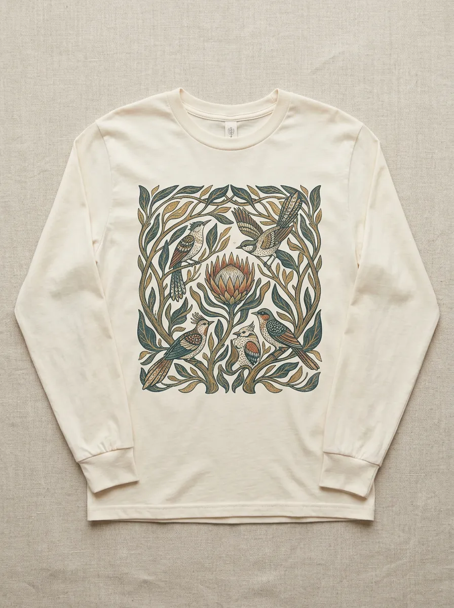 Unisex Nature Lover Protea Flower Birds Long Sleeve T-Shirt
