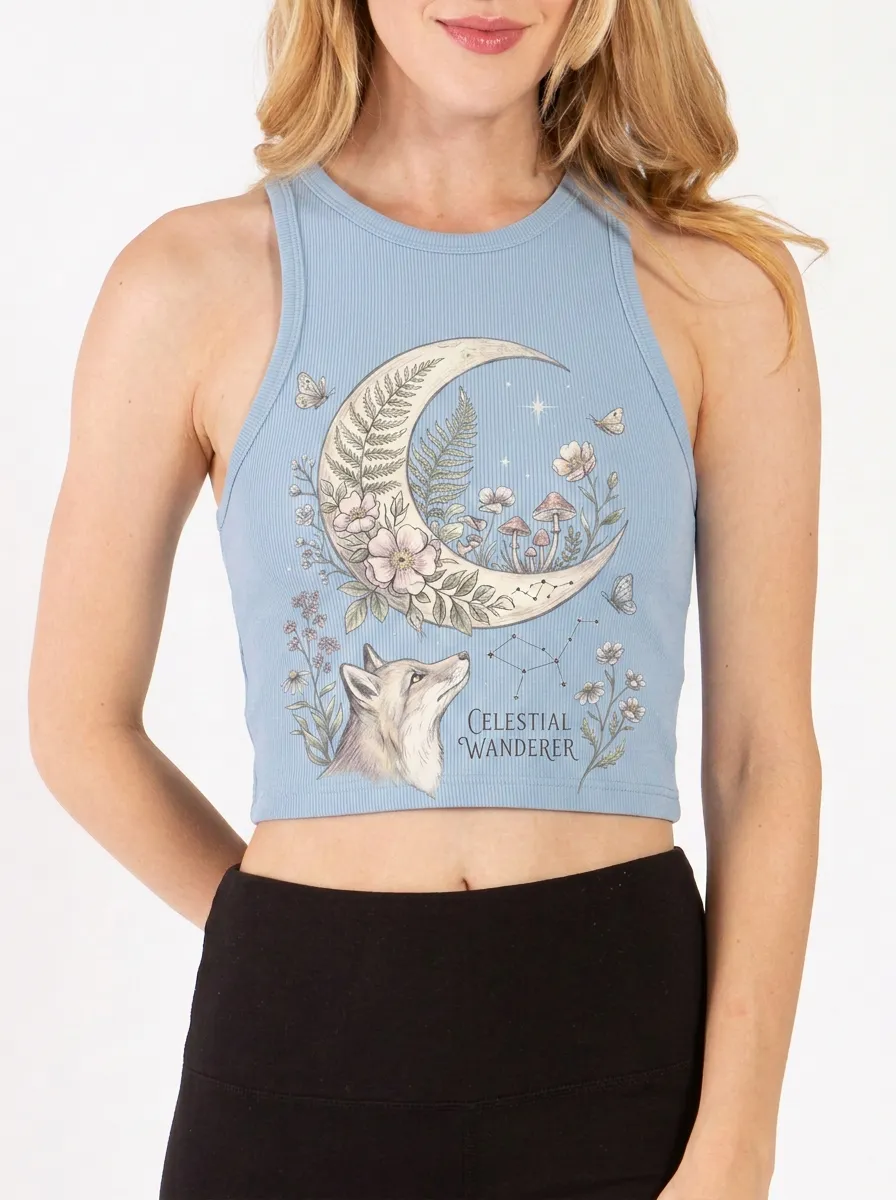 Women's Celestial Fox Moon Mushroom Printed Crop Top