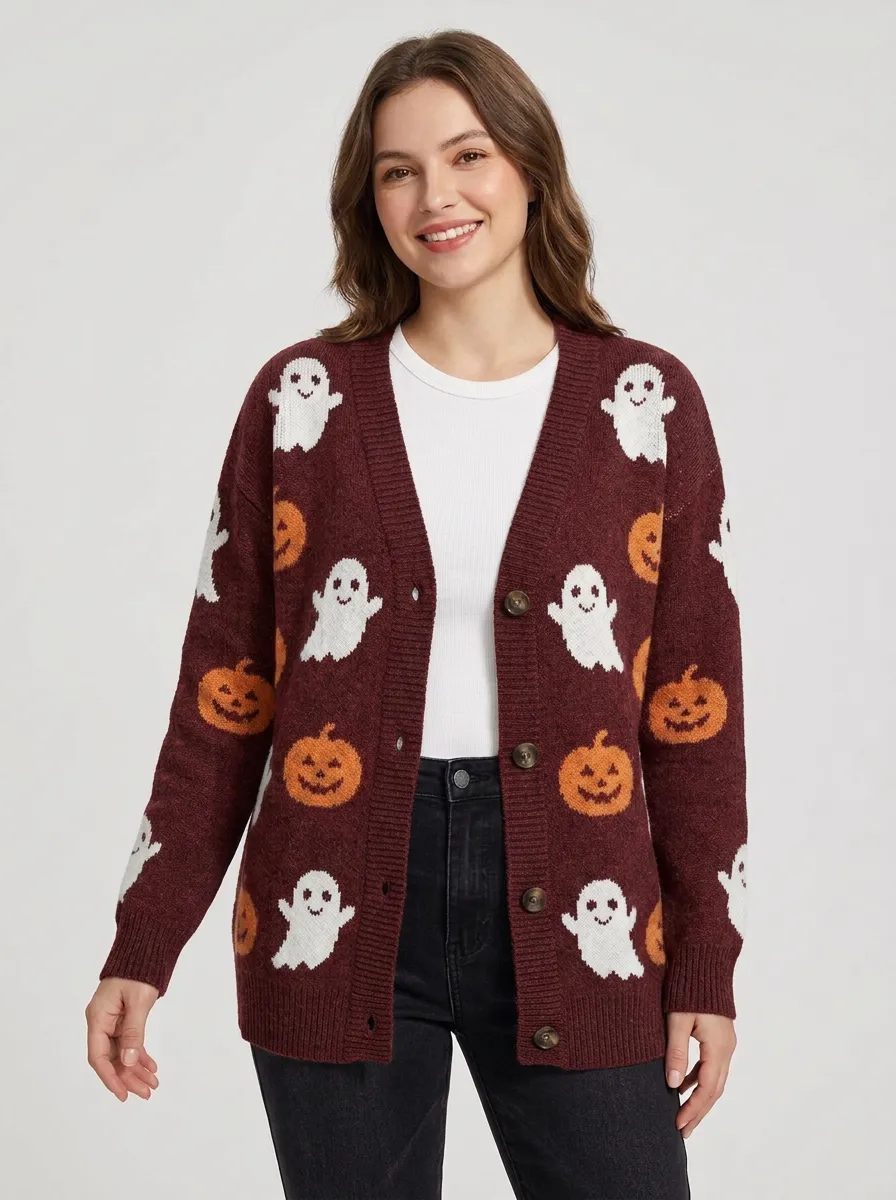Women's Halloween Ghost Pumpkin Pattern Knitted Cardigan