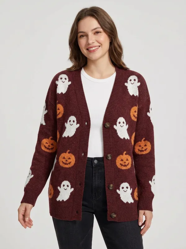Women's Halloween Ghost Pumpkin Pattern Knitted Cardigan