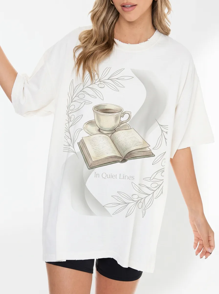 Women's Book Lover Coffee Cup Olive Branch Printed T-shirt