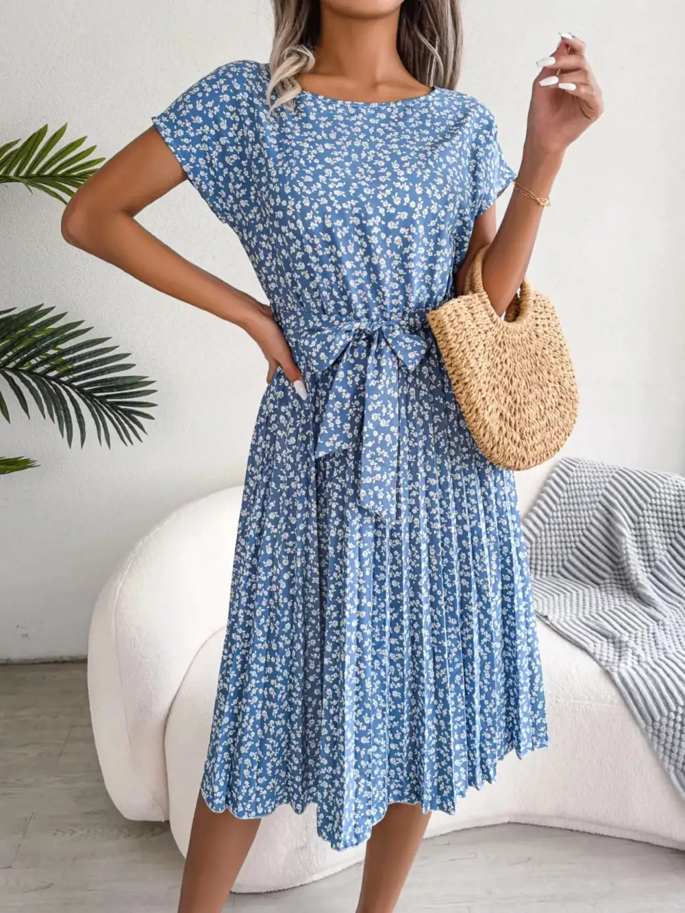 Pleated Midi Dress with Belt