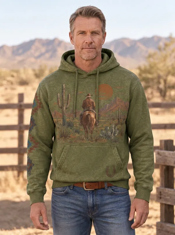 Men's Frontier Inspired Western Cowboy Cactus Desert Graphic Hoodie