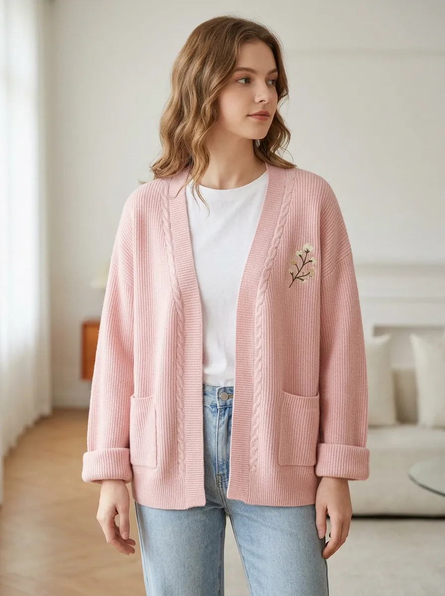 Women's Pink Floral Embroidered Cable Knit Cardigan