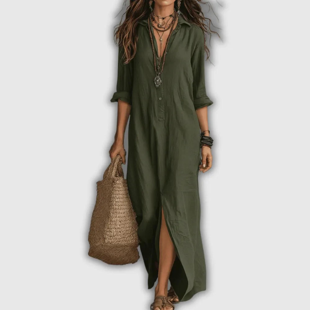 Linen Shirt Style Relaxed Maxi Dress