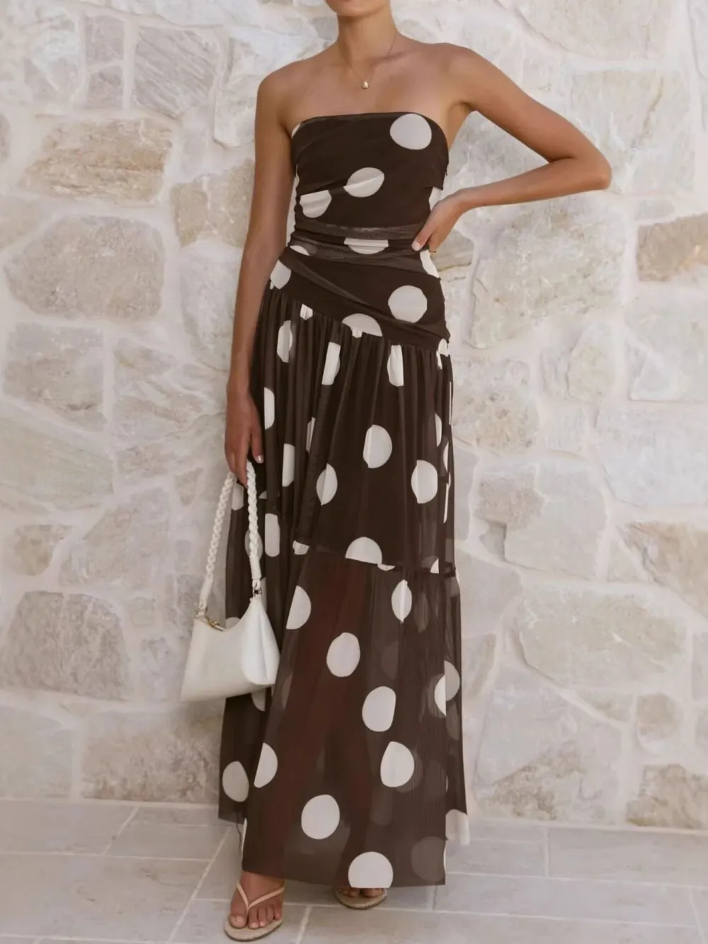 Ruched Strapless Polka-Dot Maxi Dress
